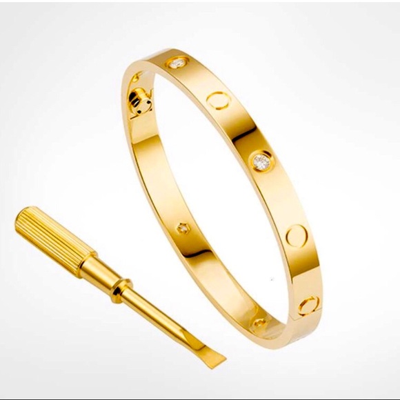 18k Gold Plated Love Bangle W/ Cubic Zirconia - Picture 1 of 8